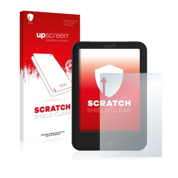 Vorderseite einer Produktverpackung mit dem Markenlogo upscreen. Daneben ist das Gerät Tolino Shine 2 HD mit dem zugehörigen D