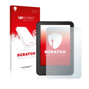 Vorderseite einer Produktverpackung mit dem Markenlogo upscreen. Daneben ist das Gerät Tolino Vision 3 HD mit dem zugehörigen 