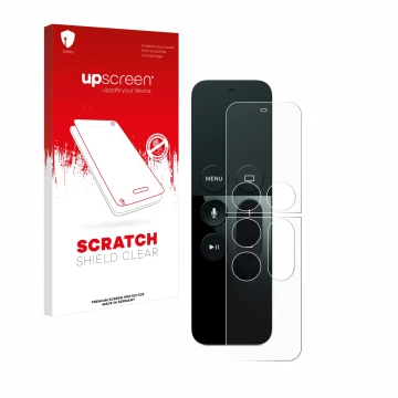 Vorderseite einer Produktverpackung mit dem Markenlogo upscreen. Daneben ist das Gerät Apple Remote Control Apple TV 4 mit dem