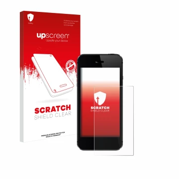 Vorderseite einer Produktverpackung mit dem Markenlogo upscreen. Daneben ist das Gerät mit dem zugehörigen Displayschutz abgeb
