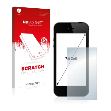 Vorderseite einer Produktverpackung mit dem Markenlogo upscreen. Daneben ist das Gerät mit dem zugehörigen Displayschutz abgeb