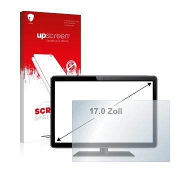 Vorderseite einer Produktverpackung mit dem Markenlogo upscreen. Daneben ist das Gerät mit dem zugehörigen Displayschutz abgeb