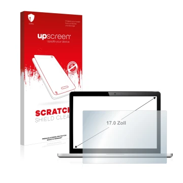 Vorderseite einer Produktverpackung mit dem Markenlogo upscreen. Daneben ist das Gerät mit dem zugehörigen Displayschutz abgeb