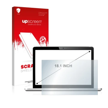 Vorderseite einer Produktverpackung mit dem Markenlogo upscreen. Daneben ist das Gerät mit dem zugehörigen Displayschutz abgeb