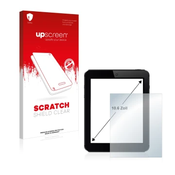 Vorderseite einer Produktverpackung mit dem Markenlogo upscreen. Daneben ist das Gerät mit dem zugehörigen Displayschutz abgeb