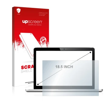 Vorderseite einer Produktverpackung mit dem Markenlogo upscreen. Daneben ist das Gerät mit dem zugehörigen Displayschutz abgeb