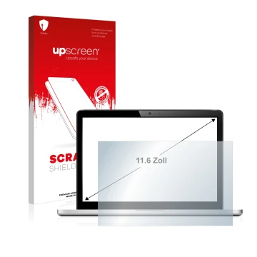 Vorderseite einer Produktverpackung mit dem Markenlogo upscreen. Daneben ist das Gerät mit dem zugehörigen Displayschutz abgeb