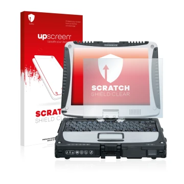 Vorderseite einer Produktverpackung mit dem Markenlogo upscreen. Daneben ist das Gerät Panasonic Toughbook CF-19 mit dem zugeh