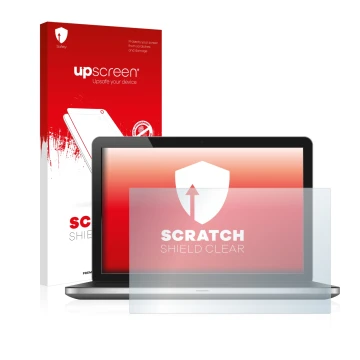 Vorderseite einer Produktverpackung mit dem Markenlogo upscreen. Daneben ist das Gerät mit dem zugehörigen Displayschutz abgeb