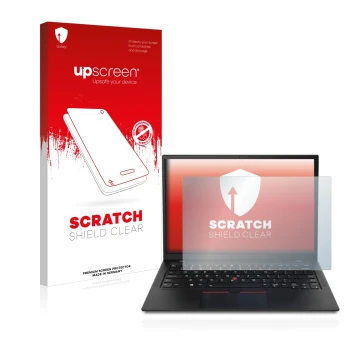 Vorderseite einer Produktverpackung mit dem Markenlogo upscreen. Daneben ist das Gerät Lenovo ThinkPad X1 mit dem zugehörigen 