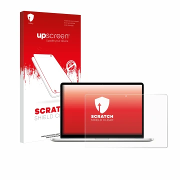 Vorderseite einer Produktverpackung mit dem Markenlogo upscreen. Daneben ist das Gerät Apple MacBook Pro Retina 15