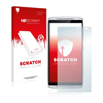 Vorderseite einer Produktverpackung mit dem Markenlogo upscreen. Daneben ist das Gerät Lenovo Vibe X3 (NUR Kamera rechts) mit 