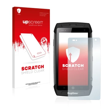 Vorderseite einer Produktverpackung mit dem Markenlogo upscreen. Daneben ist das Gerät RugGear RG730 mit dem zugehörigen Displ