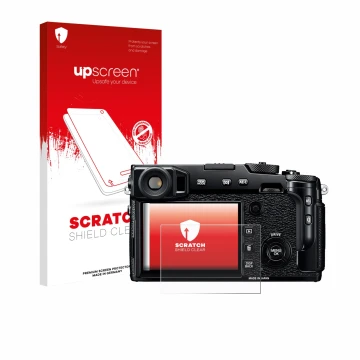 Vorderseite einer Produktverpackung mit dem Markenlogo upscreen. Daneben ist das Gerät Fujifilm X-Pro2 mit dem zugehörigen Dis