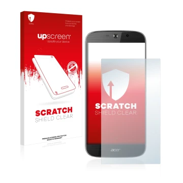 Vorderseite einer Produktverpackung mit dem Markenlogo upscreen. Daneben ist das Gerät Acer Liquid Jade Primo mit dem zugehöri