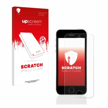 Vorderseite einer Produktverpackung mit dem Markenlogo upscreen. Daneben ist das Gerät Apple iPhone SE 2016 mit dem zugehörige