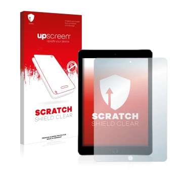 Vorderseite einer Produktverpackung mit dem Markenlogo upscreen. Daneben ist das Gerät Apple iPad Pro 9.7