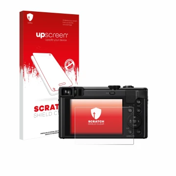 Vorderseite einer Produktverpackung mit dem Markenlogo upscreen. Daneben ist das Gerät Panasonic Lumix DMC-TZ80 mit dem zugehö