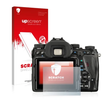 Vorderseite einer Produktverpackung mit dem Markenlogo upscreen. Daneben ist das Gerät Pentax K-1 mit dem zugehörigen Displays