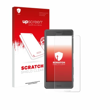 Vorderseite einer Produktverpackung mit dem Markenlogo upscreen. Daneben ist das Gerät Sony Xperia X Performance mit dem zugeh