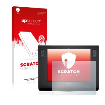 Vorderseite einer Produktverpackung mit dem Markenlogo upscreen. Daneben ist das Gerät Wacom Intuos 3 L mit dem zugehörigen Di