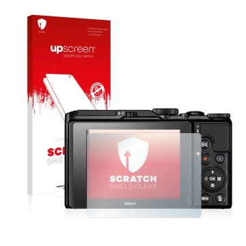 Vorderseite einer Produktverpackung mit dem Markenlogo upscreen. Daneben ist das Gerät Nikon Coolpix A900 mit dem zugehörigen 