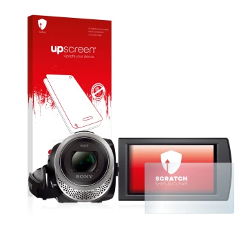 Vorderseite einer Produktverpackung mit dem Markenlogo upscreen. Daneben ist das Gerät Sony FDR-AX53 mit dem zugehörigen Displ