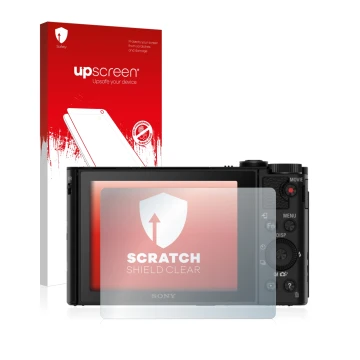 Vorderseite einer Produktverpackung mit dem Markenlogo upscreen. Daneben ist das Gerät Sony Cyber-Shot DSC-HX80 mit dem zugehö