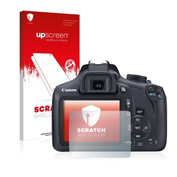 Vorderseite einer Produktverpackung mit dem Markenlogo upscreen. Daneben ist das Gerät Canon EOS 1300D mit dem zugehörigen Dis