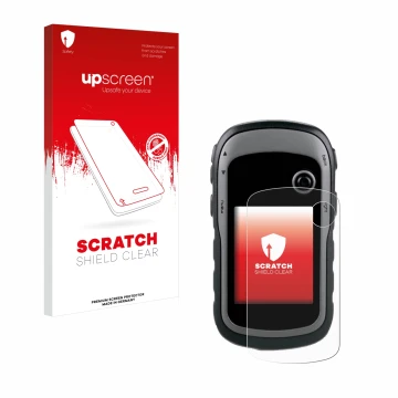 Vorderseite einer Produktverpackung mit dem Markenlogo upscreen. Daneben ist das Gerät Garmin eTrex 30x mit dem zugehörigen Di