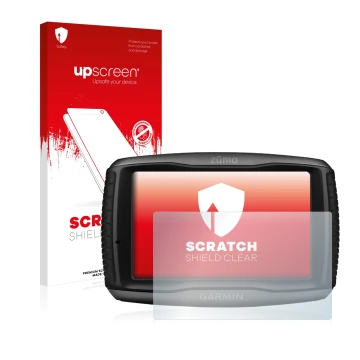 Vorderseite einer Produktverpackung mit dem Markenlogo upscreen. Daneben ist das Gerät Garmin zumo 595LM mit dem zugehörigen D