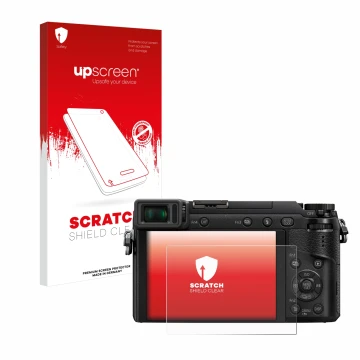 Vorderseite einer Produktverpackung mit dem Markenlogo upscreen. Daneben ist das Gerät Panasonic Lumix DMC-GX80 mit dem zugehö