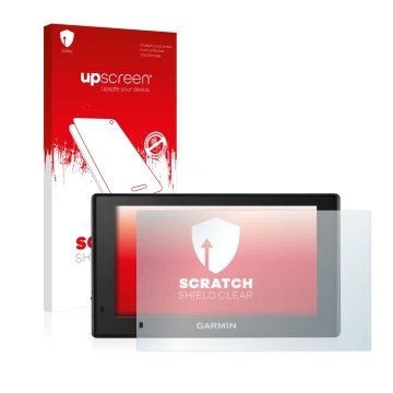 Vorderseite einer Produktverpackung mit dem Markenlogo upscreen. Daneben ist das Gerät Garmin DriveSmart 50 LMT-D mit dem zuge