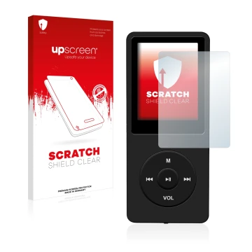 Vorderseite einer Produktverpackung mit dem Markenlogo upscreen. Daneben ist das Gerät AGPtek 8GB MP3-Player mit dem zugehörig