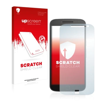 Vorderseite einer Produktverpackung mit dem Markenlogo upscreen. Daneben ist das Gerät Motorola Moto G4 Plus mit dem zugehörig
