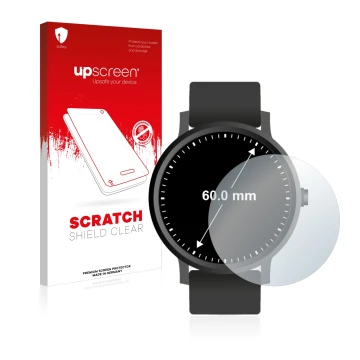 Vorderseite einer Produktverpackung mit dem Markenlogo upscreen. Daneben ist das Gerät Armbanduhren (Kreisrund, ø: 60 mm) mit 
