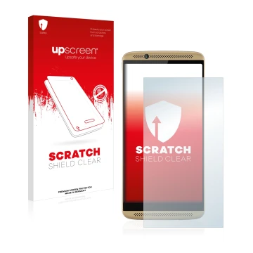 Vorderseite einer Produktverpackung mit dem Markenlogo upscreen. Daneben ist das Gerät ZTE Axon 7 mit dem zugehörigen Displays