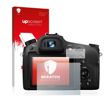 Vorderseite einer Produktverpackung mit dem Markenlogo upscreen. Daneben ist das Gerät Sony Cyber-Shot DSC-RX10 III mit dem zu