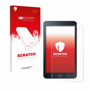 Vorderseite einer Produktverpackung mit dem Markenlogo upscreen. Daneben ist das Gerät Samsung Galaxy Tab A6 7.0 mit dem zugeh