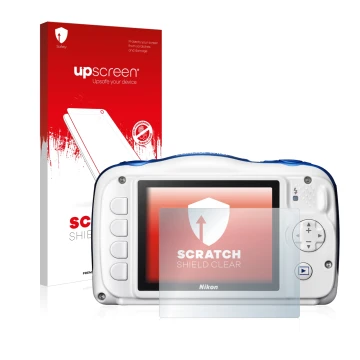 Vorderseite einer Produktverpackung mit dem Markenlogo upscreen. Daneben ist das Gerät Nikon Coolpix W100 mit dem zugehörigen 