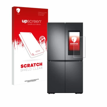Vorderseite einer Produktverpackung mit dem Markenlogo upscreen. Daneben ist das Gerät Samsung Family Hub 21.5