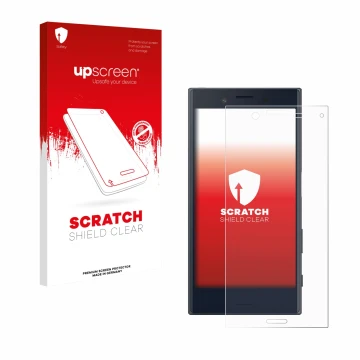 Vorderseite einer Produktverpackung mit dem Markenlogo upscreen. Daneben ist das Gerät Sony Xperia X Compact mit dem zugehörig
