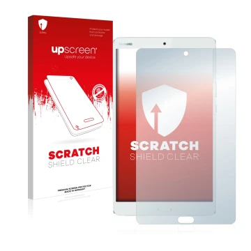 Vorderseite einer Produktverpackung mit dem Markenlogo upscreen. Daneben ist das Gerät Huawei MediaPad M3 8.4 mit dem zugehöri