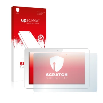 Vorderseite einer Produktverpackung mit dem Markenlogo upscreen. Daneben ist das Gerät Odys Rise 10 Quad mit dem zugehörigen D