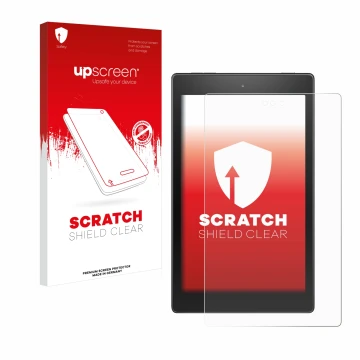 Vorderseite einer Produktverpackung mit dem Markenlogo upscreen. Daneben ist das Gerät Amazon Fire HD 8 2017 mit dem zugehörig