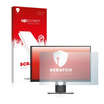 Vorderseite einer Produktverpackung mit dem Markenlogo upscreen. Daneben ist das Gerät Dell P2417H mit dem zugehörigen Display