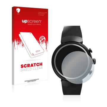 Vorderseite einer Produktverpackung mit dem Markenlogo upscreen. Daneben ist das Gerät ASUS ZenWatch 3 1.39