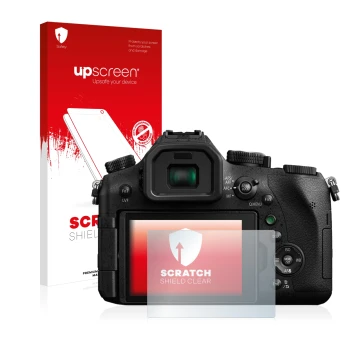 Vorderseite einer Produktverpackung mit dem Markenlogo upscreen. Daneben ist das Gerät Panasonic Lumix DMC-FZ2000 mit dem zuge