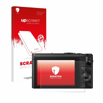 Vorderseite einer Produktverpackung mit dem Markenlogo upscreen. Daneben ist das Gerät Panasonic Lumix DMC-LX15 mit dem zugehö