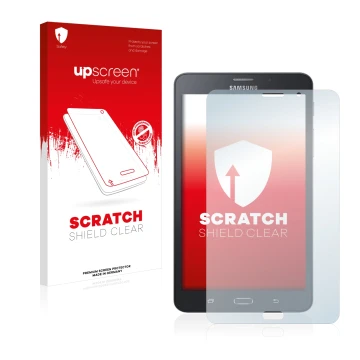 Vorderseite einer Produktverpackung mit dem Markenlogo upscreen. Daneben ist das Gerät Samsung Galaxy Tab A6 7.0 4G mit dem zu